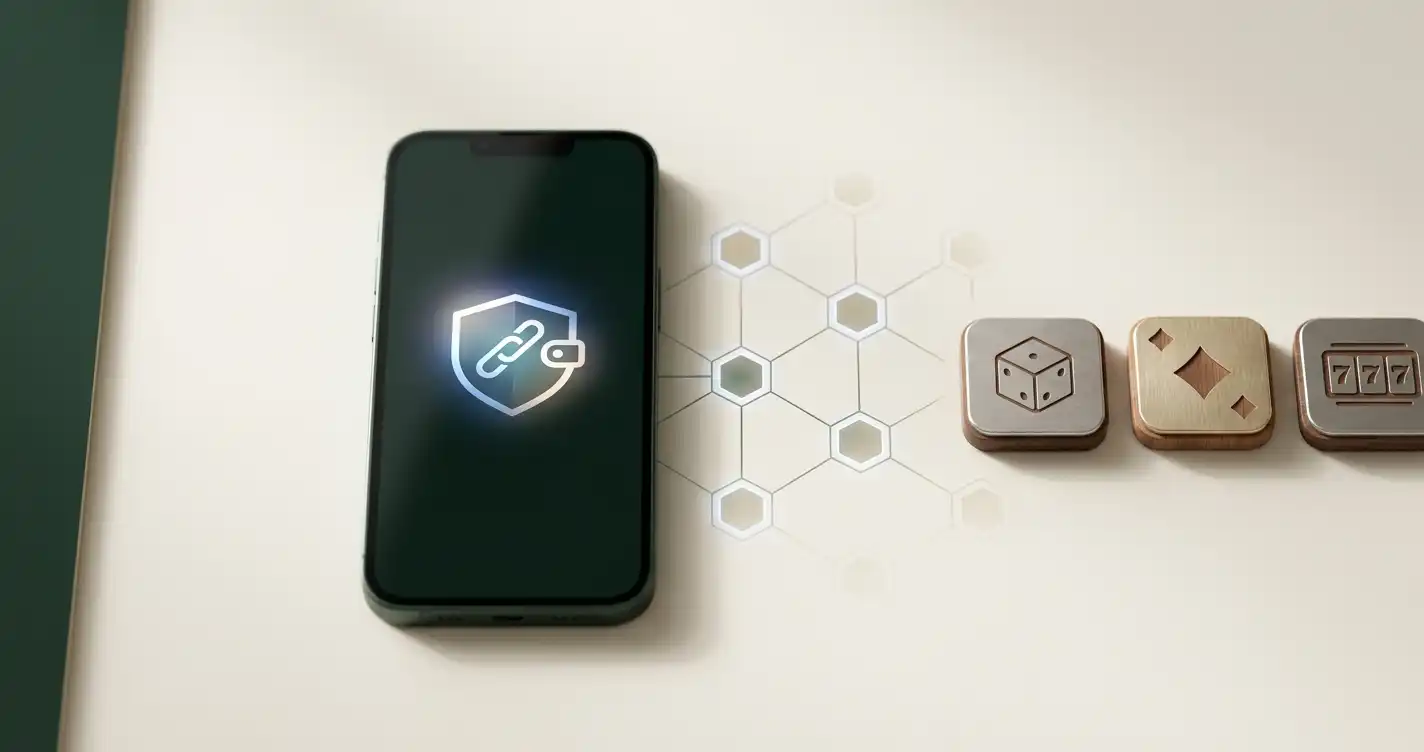 Phone beside a crypto wallet motif and casino game tiles