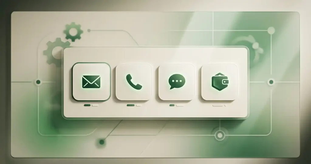 Abstract account login panel with email, phone, chat and wallet symbols