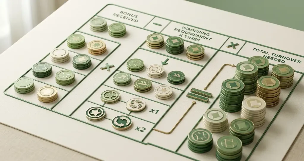Abstract wagering tokens and free-spin symbols arranged beside a calculation grid