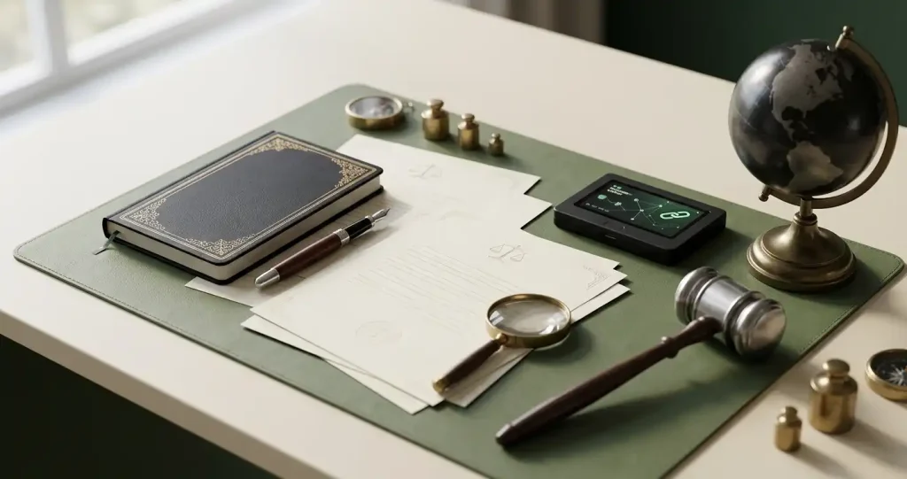 Abstract legal documents beside a crypto wallet and a globe
