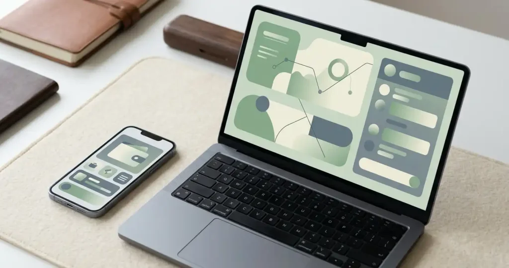 Smartphone and laptop with abstract chat and wallet interface shapes