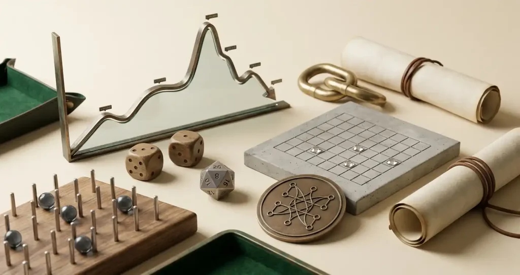 Abstract crypto game interface with dice, crash graph, mines grid and cryptographic seed symbols
