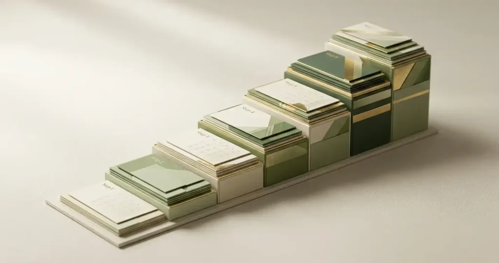 Seven-step loyalty ladder with abstract calendar motifs